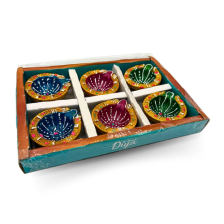set of 6 Hand Made Traditional Multi Colour Diwali Diyas clay